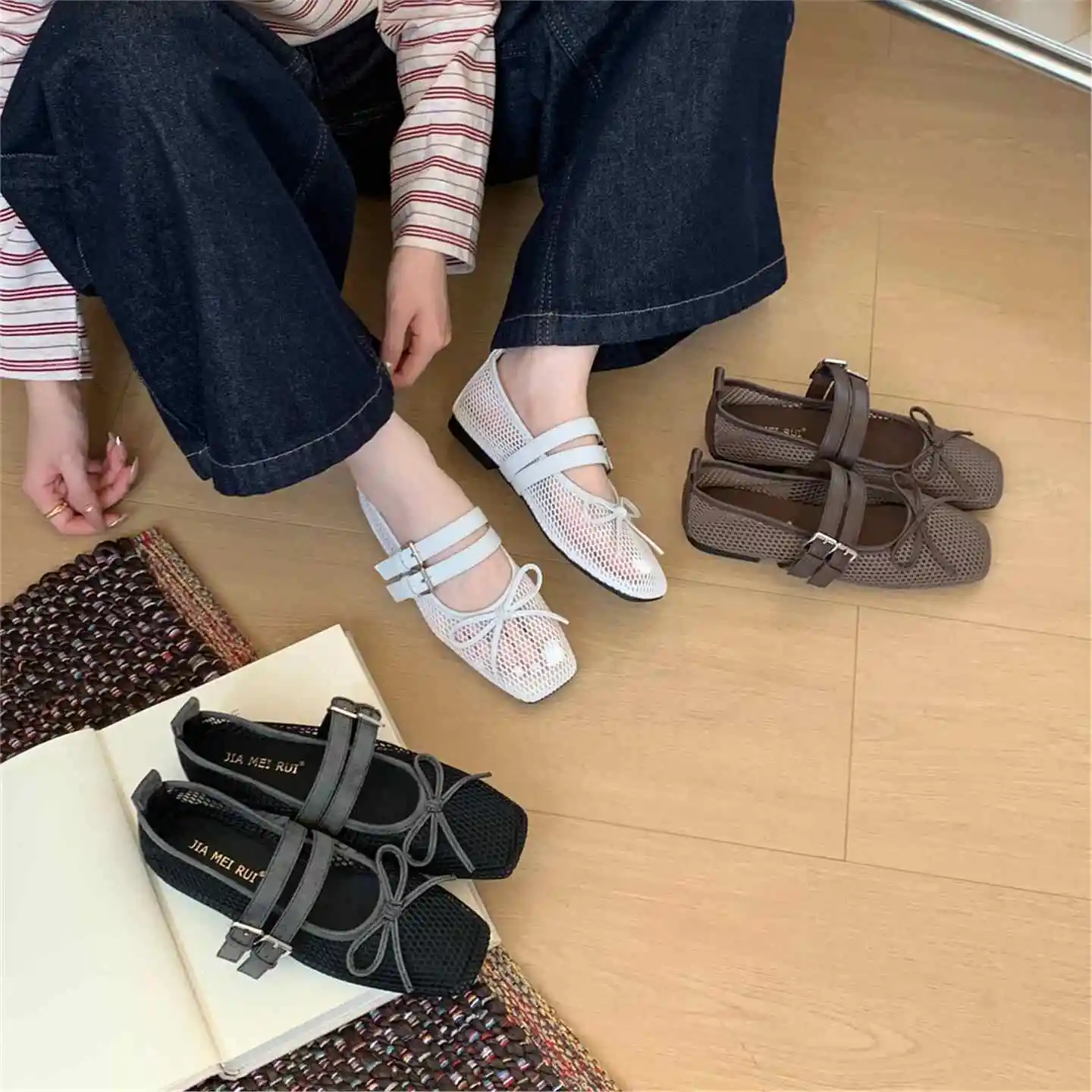 2026 Summer Women Mary Jane Shoes Breathable Hollow Out Mesh Round Toe Buckle Strap Casual Comfortable Ladies Ballet Flats