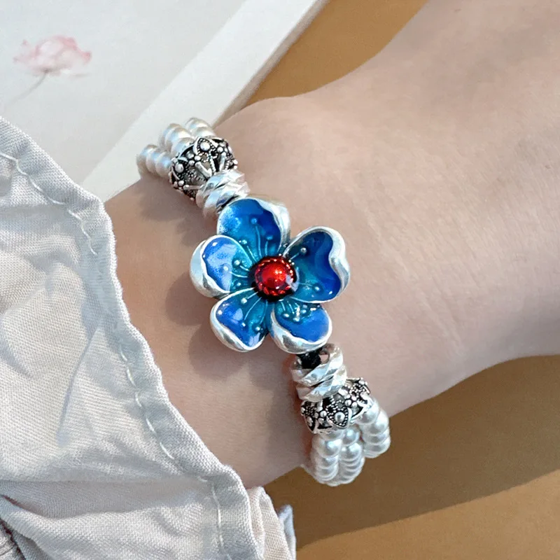 Langyan 925 Silver Enamel Colorful Blue Flower Bracelet Handmade Weaving Three Layers Silver Beads Bracelets Ethnic Style SL137