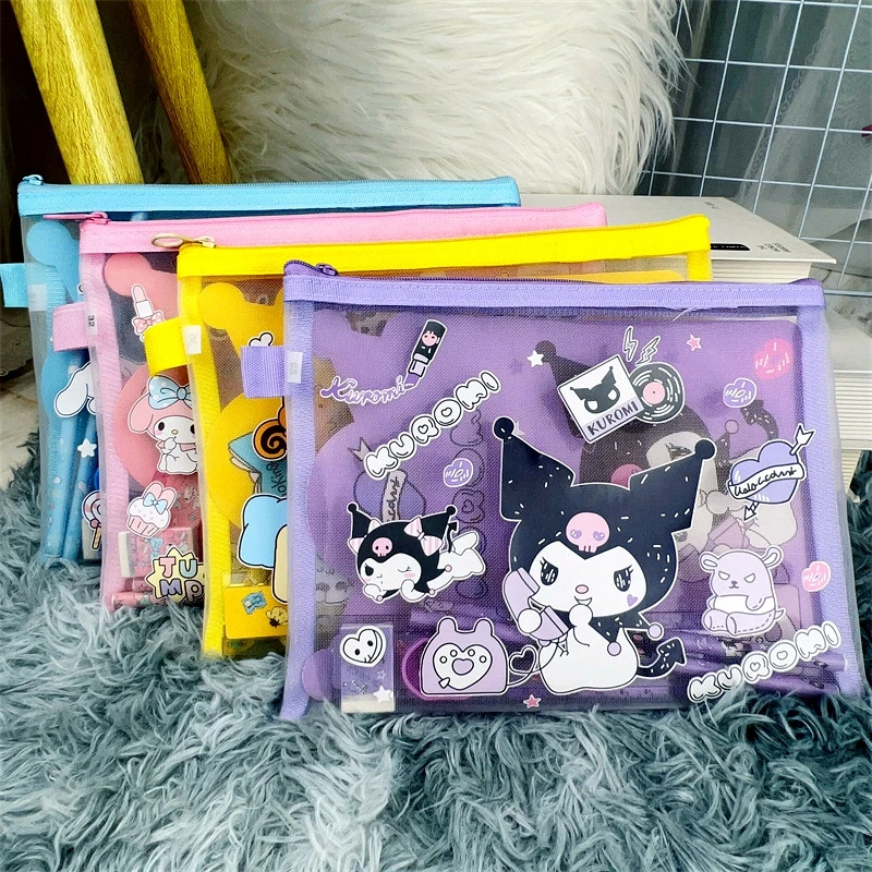 Sanrio Kawaii Melody Kuromi Zipper Pouch, Saco de documentos, Organizador, Material Escolar, Cinnamoroll Pom Purin, Pom Purin, A5 Mesh, Papelaria