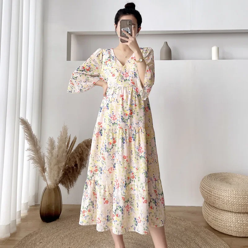 Maternity Dress 2022 Summer New Maternity Gentle Chiffon Floral Long Short-sleeved Breathable Soft Pregnancy Dress Photo Shoot