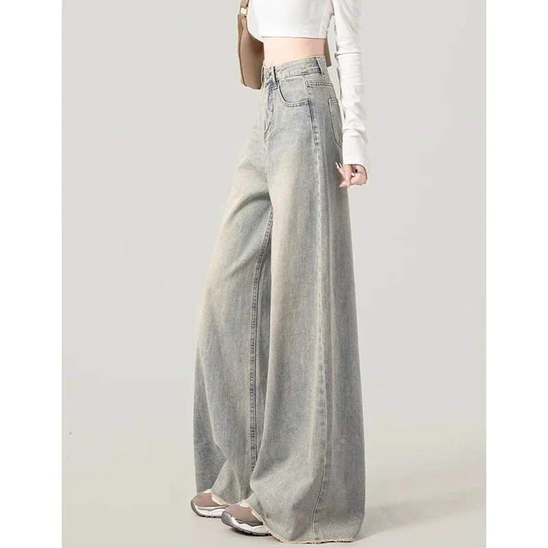 Meisjes Designer Hoge Taille Ruwe Rand Jeans Vrouwelijke Koreaanse Retro Rechte Pijpen Denim Broek Dames Chique Mode Baggy Broek