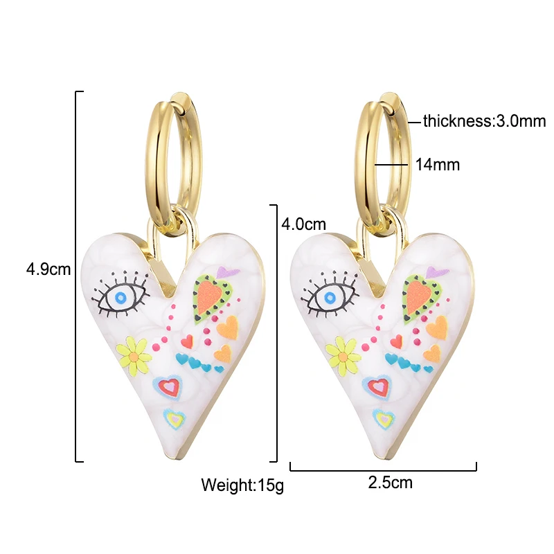 New Trendy Cute Heart Eye Stainless Steel Hoop Earrings For Women Colorful Vintage Enamel Gold Color Pendant Love Female Jewelry