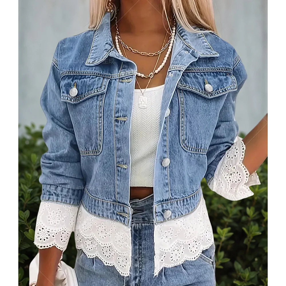 

Women Lace Patchwork Denim Jackets European American Style Single Breasted Short Jean Coats Outerwear Streetwear Lady Outerwear