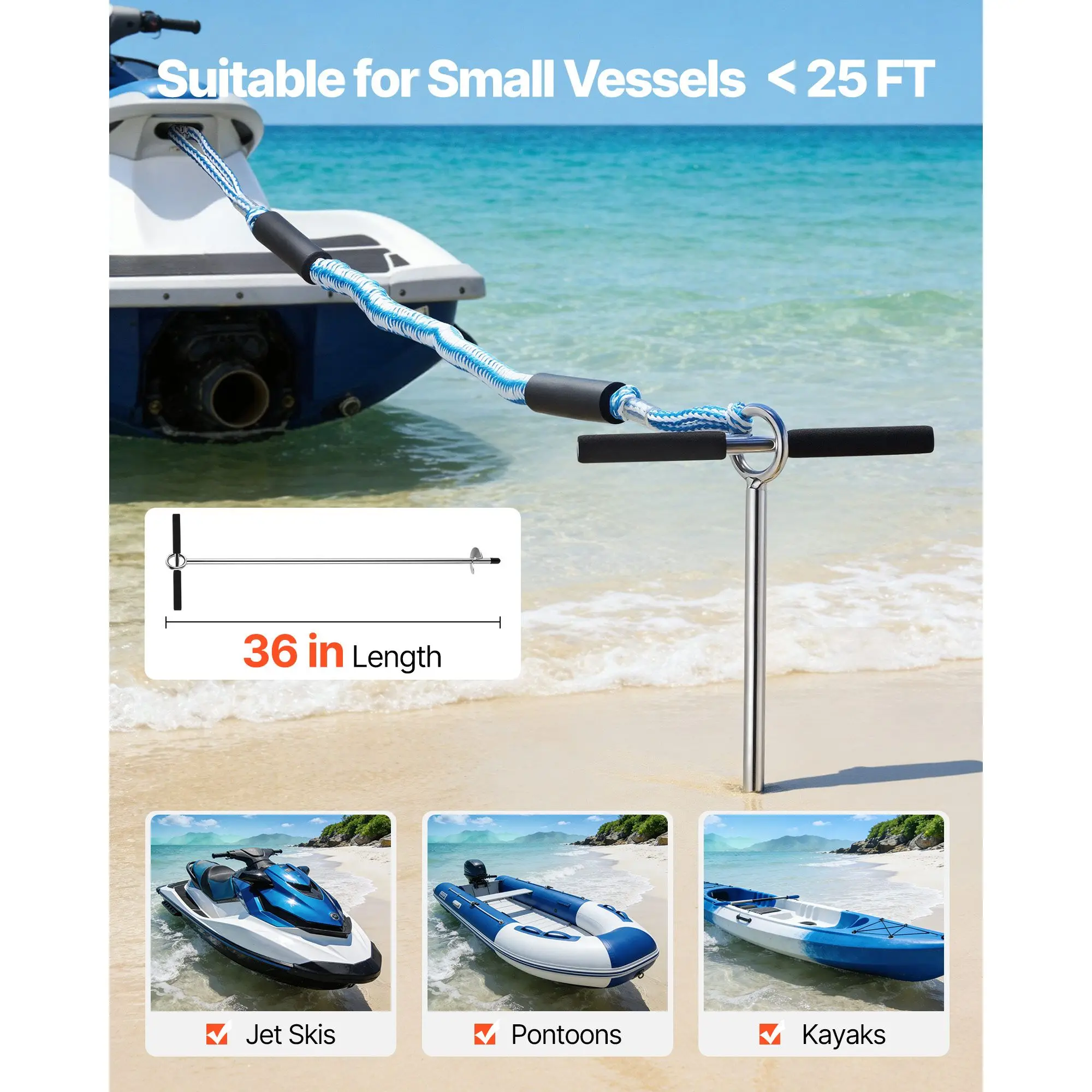 Sand Anchor, 36 in Stainless Steel Beach, Screw in Boat with Spiral Blade, Shallow Water Auger, for Securing Jet Ski PWC Pontoon