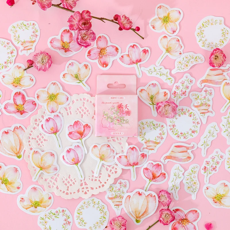 40Packs Wholesale Mini Box stickers Peach Fresh Plant Flowers hand account diary seal Scrapbooking Decorative Sticker 4CM