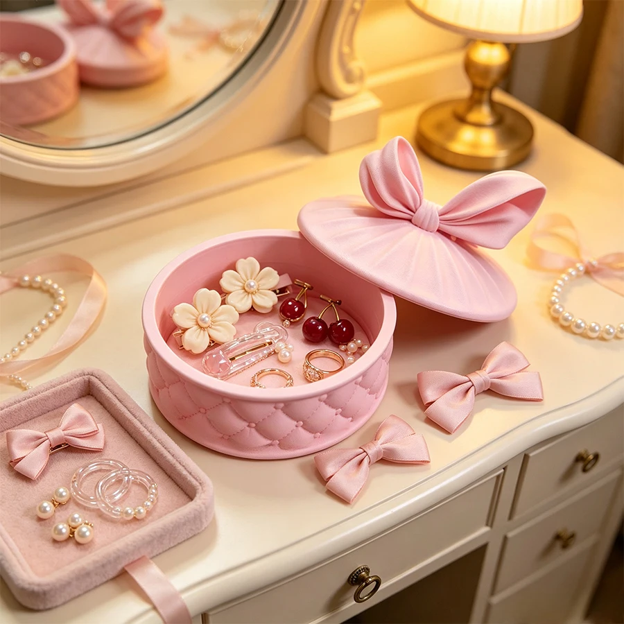 Three-Dimensional Bow-Shaped Top Cover with Diamond Texture Jewelry Box, Decorative Jewelry Storage Box with Ambiance, Multi-Functional Storage for Hair Accessories, Rings, and Mini Makeup Items