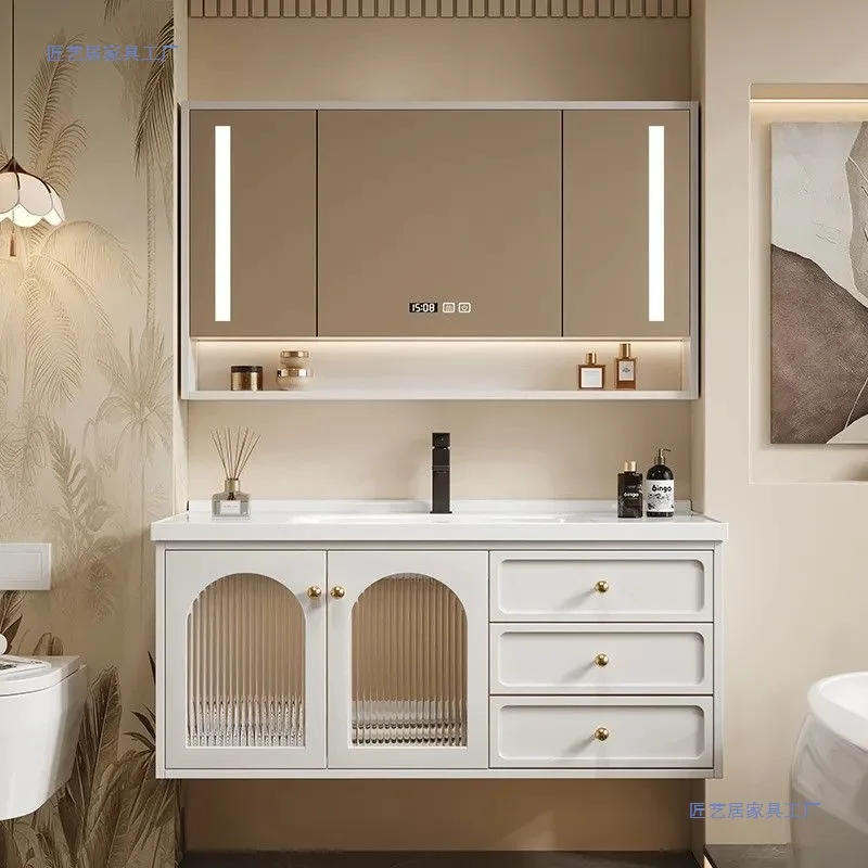Sink Bathroom Cabinet Combination Toilet Washbasin Cabinet Integrated Mirror Cabinet Cream Single