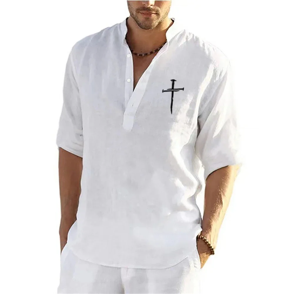 

Small Icon Minimalist Summer New Men's American Retro Short Sleeved Standing Collar Youth Fashion Shirt Breathable Top