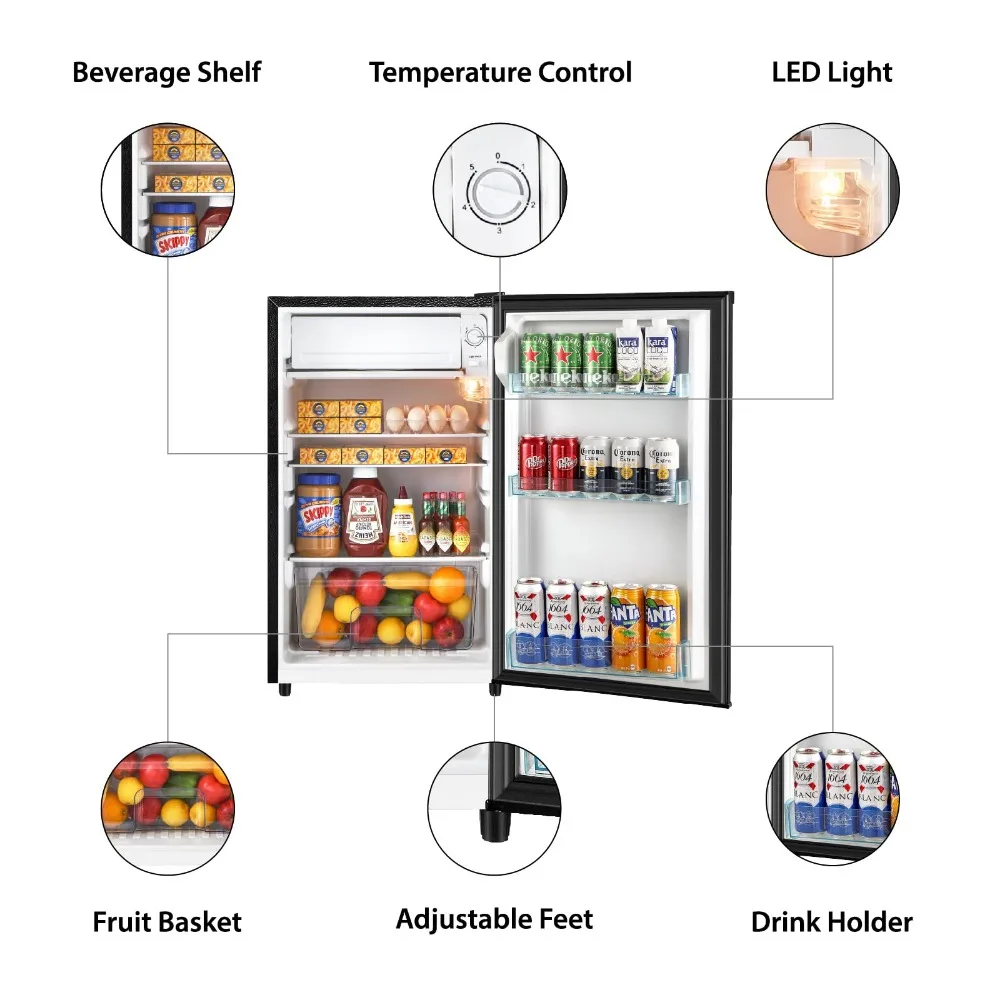 4.4 Cu.Ft Mini Fridge with Freezer, Single Door Mini Refrigerator, 5 Settings Temperature Adjustable, Compact Refrigerator