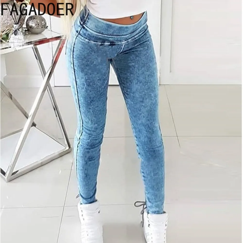 FAGADOER-pantalones vaqueros ajustados de cintura alta para mujer, pantalón vaquero informal, color azul, a la moda