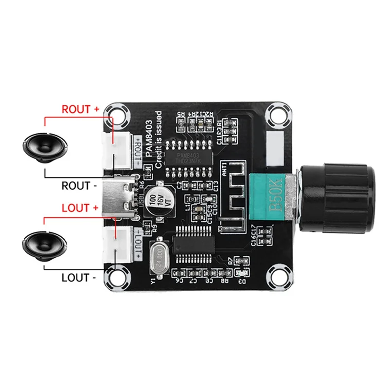 At12 tipo-c 5w + 5w mini pam8403 placa amplificadora digital compatível com bluetooth com módulo amplificador de volume ajustável dc5v