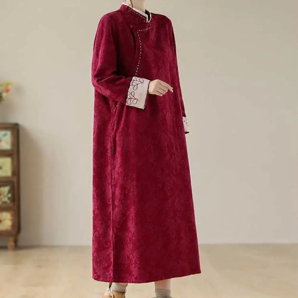 

Floral Improved Cheongsam Dress Embroidery Frog Button Ethnic Style Dress with Pockets Stand Collar Loose Retro Skirt Daily