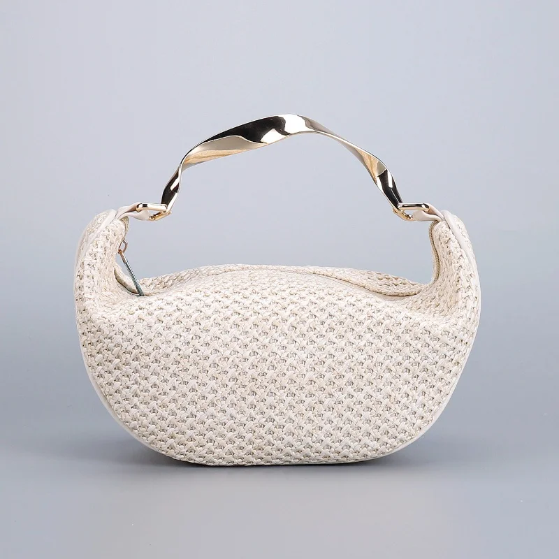 

2025 Summer Luxury Designer Women Handmade Straw Handbags Hobo Stylish Purses Trendy Solid Color Metal Handle Party Wedding Tote