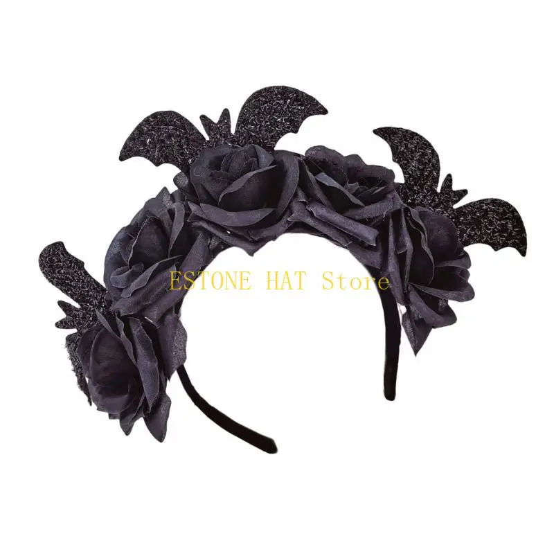 

49MF Halloween Headband for Women Teens Dark Series Bat Flower Hairband Cosplay Party Headwear Costume Accessories Hairhoop