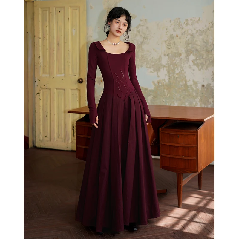 Dress Pullover Solid Color Hollow Design Long Slimming Long Sleeve Pullover Lapel Fashion Exquisite Wine Red Spring and Autumn