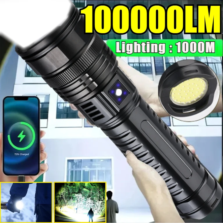 

High Power LED Flashlight Built in Battery Tactical Torch Outdoor Emergency Spotlight LED Zoomable Light with Bright Taillights