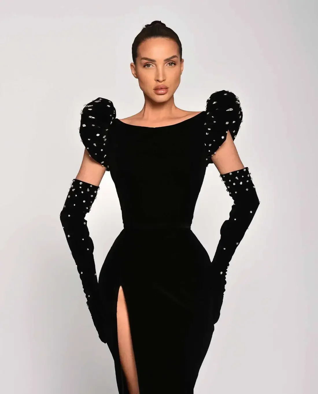Vestidos de graduación de alta costura, guantes largos rectos de lujo, vestidos de noche árabes con cuentas, vestido Formal negro de terciopelo
