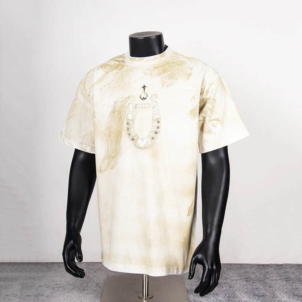 Metal Logo Rivet Short Sleeve T-shirt for Men Round Neck Washed Summer Loose Top Tees Streetwear Baggy Cotton Unisex Tshirts