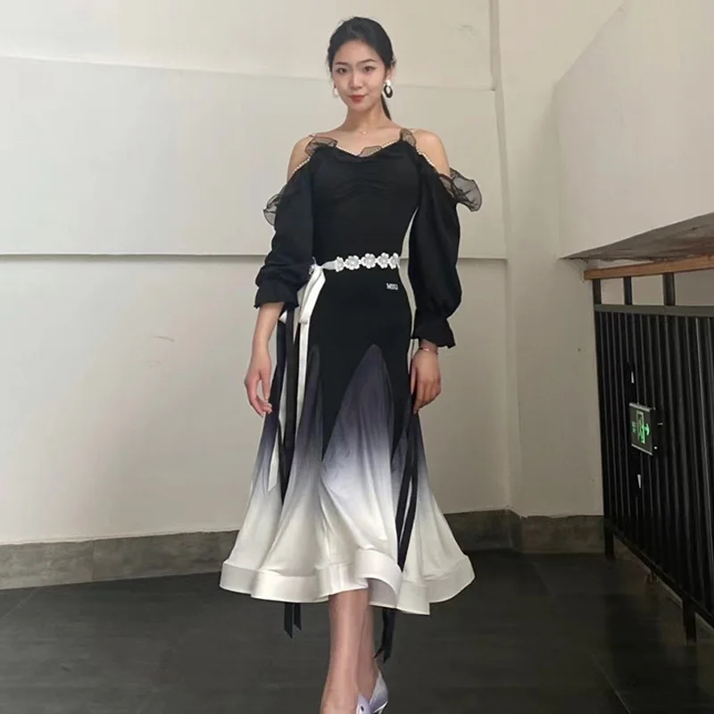 Standard-Ballsaal-Tanzkleid, schwarz, schulterfrei, Walzerkleid, Damen, Tango, modernes Tanzkostüm, Ballsaal-Übungstanzkleidung 2693