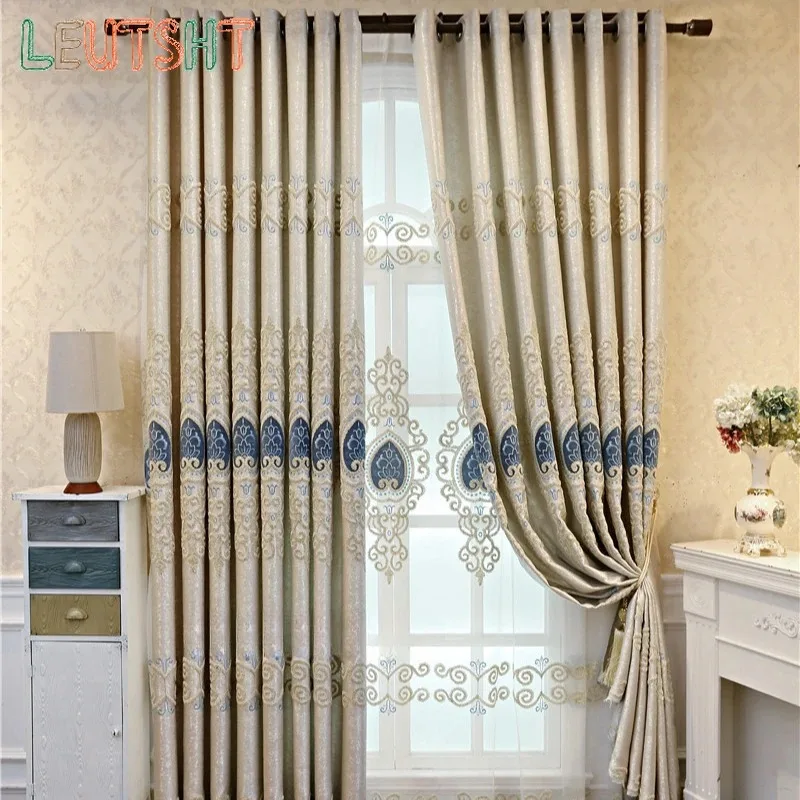 European Chenille Embroidery Luxury Curtains for Living Room Bedroom Villa Window Blackout Elegant Set Custom Valance DecorTulle