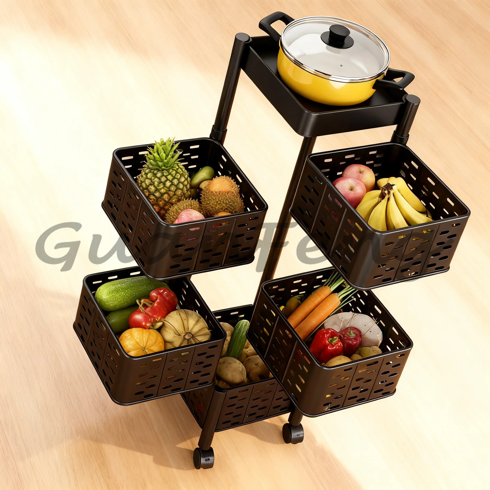 Stainless Steel Rotating Rolling Fruit Veggie Basket, Freestanding Mesh Snack Storage Rack for Kitchen