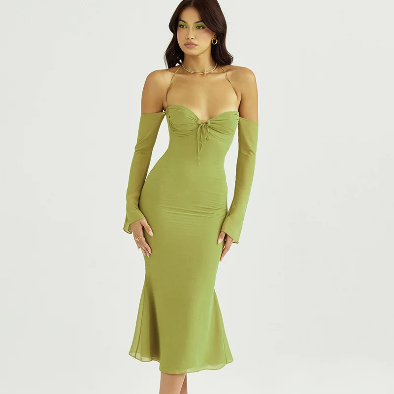 

Chiffon High Waist Hanging Neck Sexy Open Back Slim Fit Fishtail Style Dress Y2k Women's Solid Color Slim Fit Long Dress Women