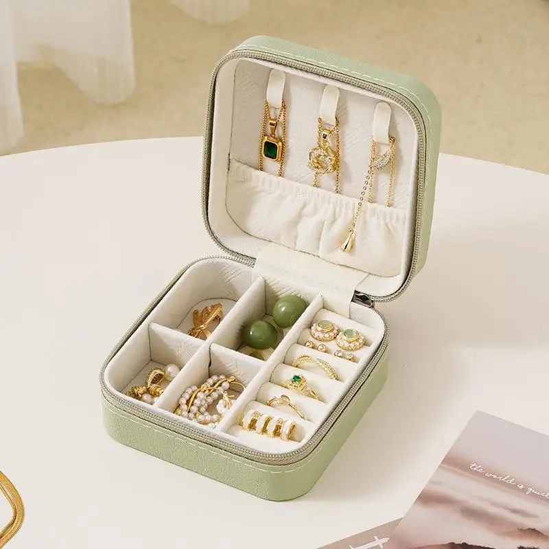 Portable Travel Jewelry Box Mini Jewelry Organizer Case Small Compact Storage Display Holder with Compartments for Rings Earrings Necklaces Women Girls Gift Green Multiple Colors Available