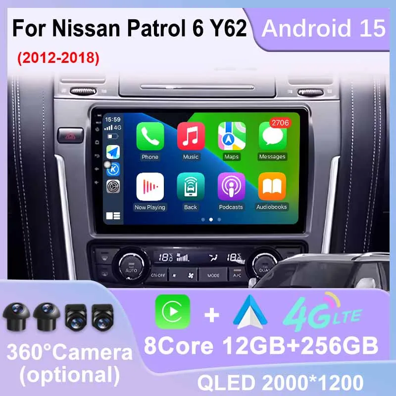 Беспроводной Carplay Android 15 для Nissan Patrol 6 Y62 2012-2018 Автомобильный радиоприемник Мультимедиа GPS 360 Камера DSP Стерео QLED Видеоплеер Беспроводной Carplay Android 15 для Nissan Patrol 6 Y62 2012-2018 Автомобильный радиоприемник Мультимедиа GPS 360 Камера DSP Стерео QLED Видеоплеер