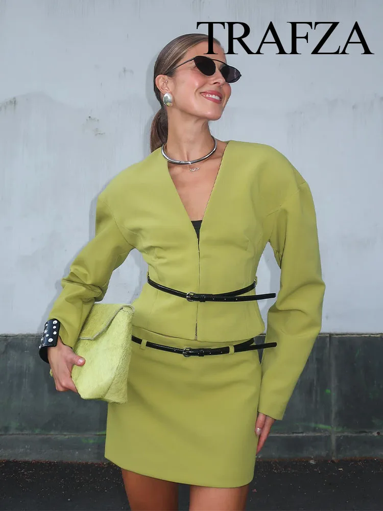 TRAFZA Women 2 Piece Set Casual Green V-Neck Belt Decorate Slim Long Sleeved Short Coat Top+High Waist Side Zip Mini Skirt Mujer