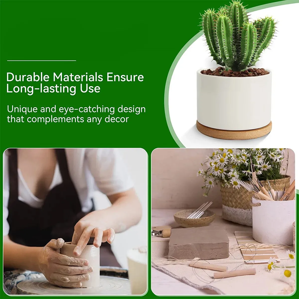 وعاء زراعة الصبار الصغير وفتحة الصرف، وعاء زراعة زهور سيراميك صغير أبيض مع صينية من الخيزران، بوعاء طاولة