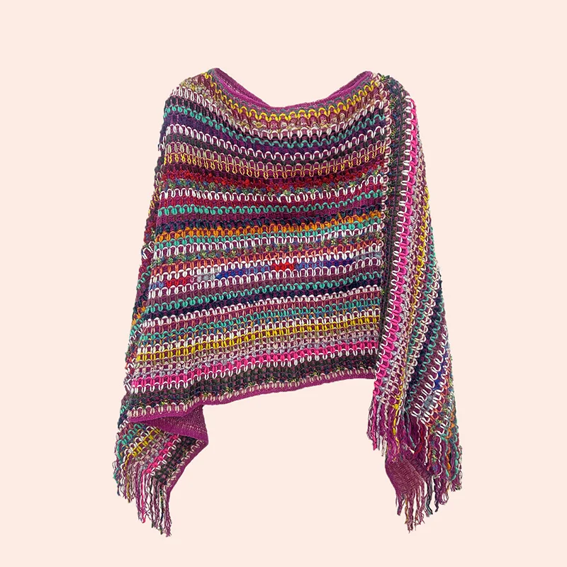 New Winter Ladies Casual Crochet Shawl Ethnic Style Bohemian Style Colorful Fringe Outdoor Travel Knitted Slit Scarf Gift