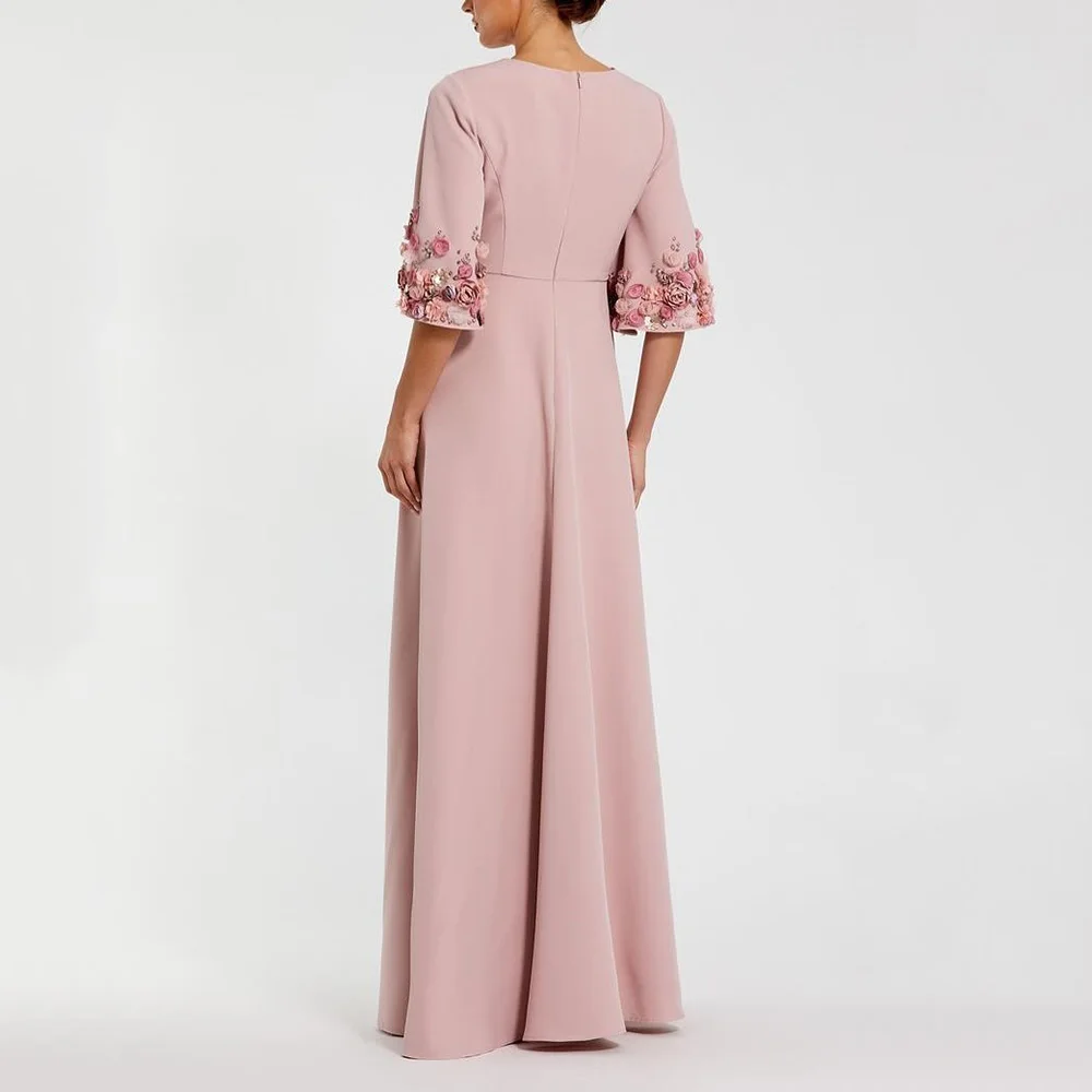 Customized A-Line Prom Dresses Floor-Length O-Neck Half Sleeve Evening Gown Fashion Flowers Simple Draped Casual Party Gown