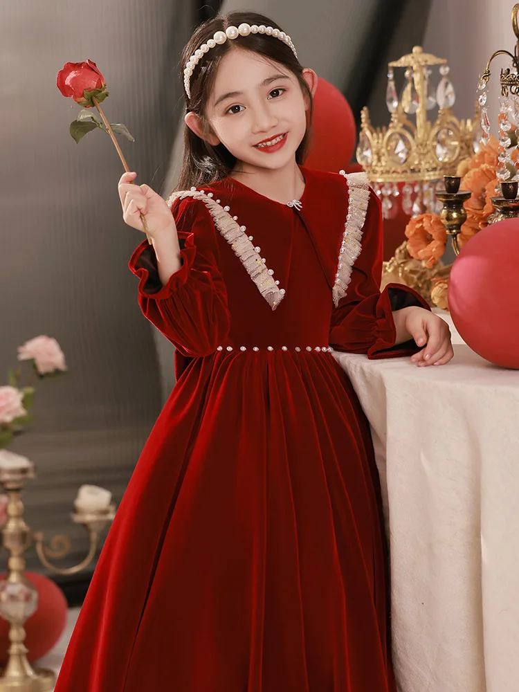 2024 Teenmiro Designer Christmas Party Dress for Girls Kids Wine Red Beading Velvet Dresses Children Elegant Vintage Ball Gowns