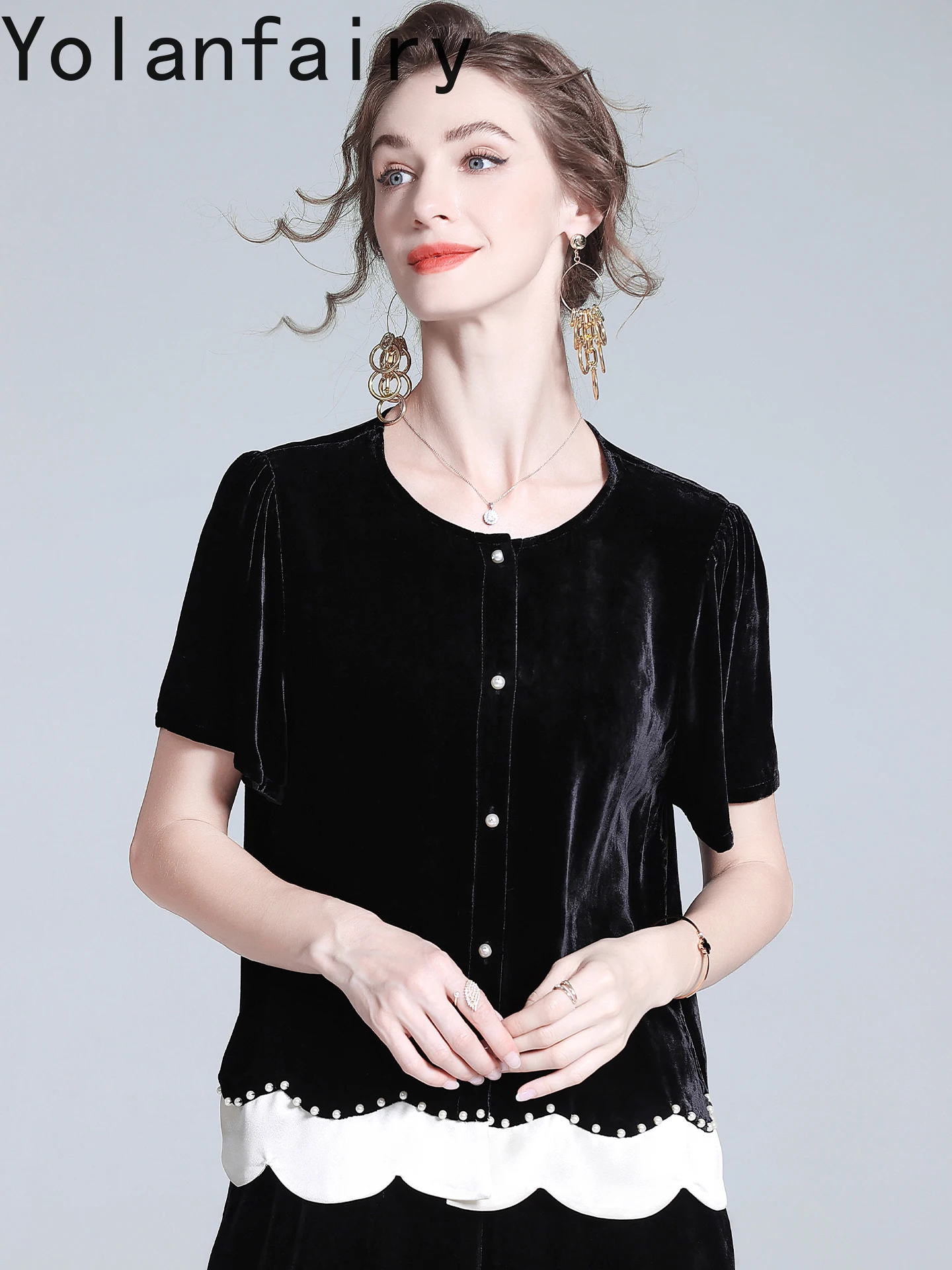 YOLANFAIRY Camicie in velluto di seta di gelso reale autunno per le donne T-shirt elegante patchwork di fascia alta Manica corta Camicie nere Donna