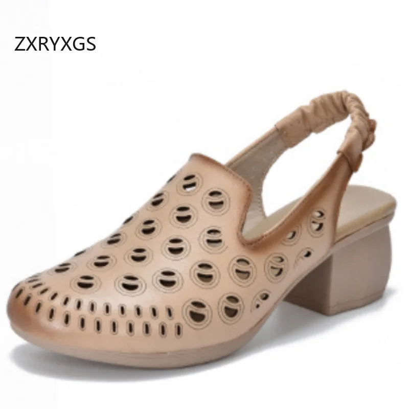 

ZXRYXGS 2025 новые летние классические сандалии премиум-класса в стиле ретро из 100% натуральной кожи, модные универсальные сандалии на высоком каблуке, женская обувь