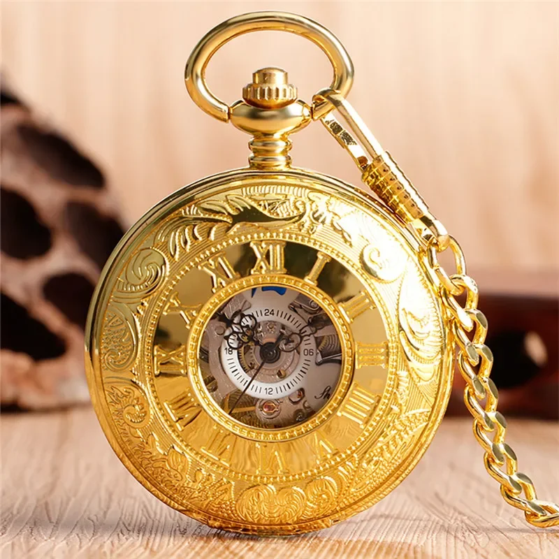 Retro Pocket Watch Hollow Out Case Handwinding Mechancial Watches for Men Women Golden Pendant Chain Collectable Clock Reloj