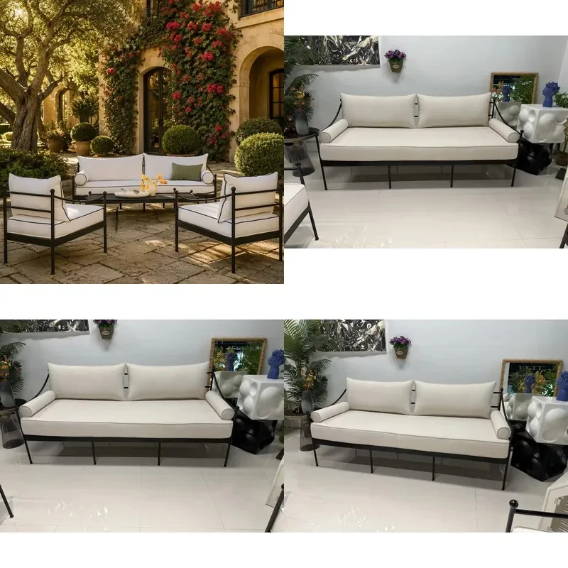 Modern simple 304 stainless steel frame beige waterproof fabric three-seater outdoor sofa courtyard terrace villa garden