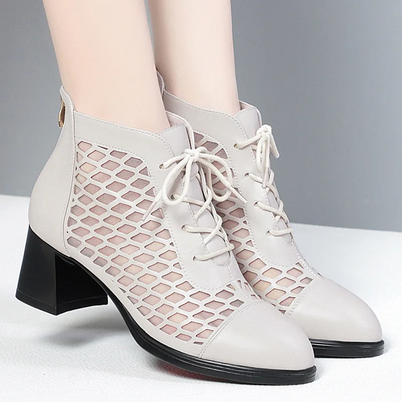 

Hollow Flock Ankle Mesh Zip Short Booties Lace Up Metal Decor Square Toe Women Designer Elegant Block Med Heel Leisure Outdoor