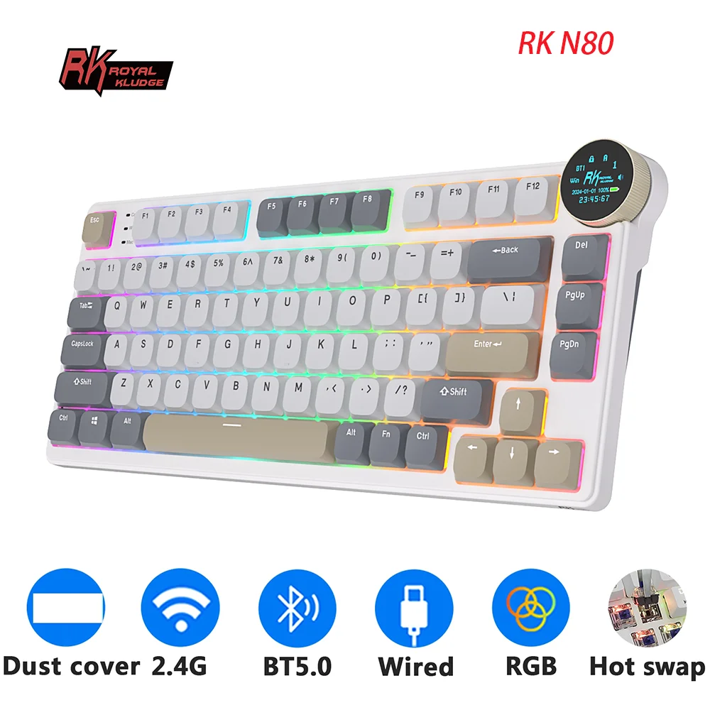 

Royal Kludge RK N80 Low Profile Mechanical Keyboard Wireless Bluetooth 2.4G Wireless With 80 Key 80% RGB Backlit TFT Screen