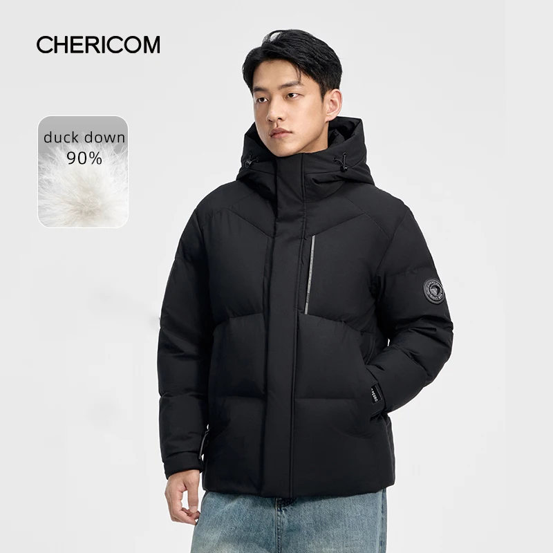 Chericom الرجال سترة شتوية مقنعين التباين سستة مبطن نمط سميكة جيب قصيرة البخاخ الحشو معاطف Y308600Y