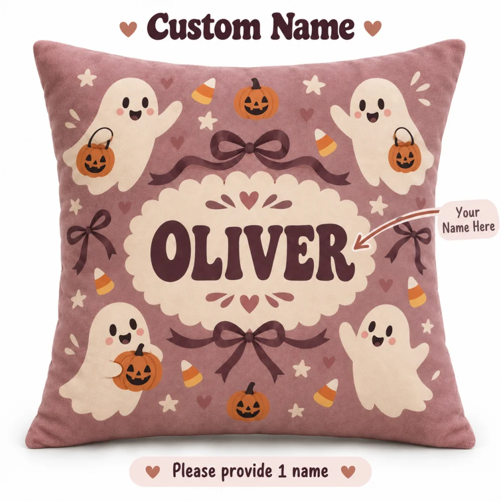 Personalized Custom Name Cute Ghost Bow Pumpkin Throw Pillow Candy Corn Square Cushion Halloween Home Decor Sofa Gift