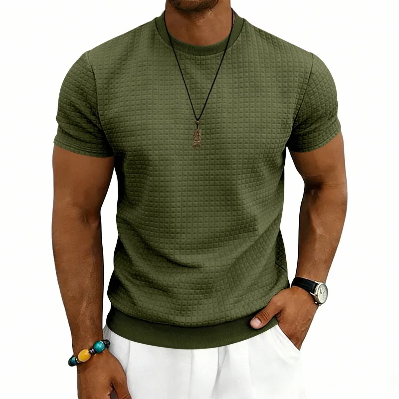 European and American retro summer sports old money style simple casual round neck jacquard checkered short-sleeved T-shirt