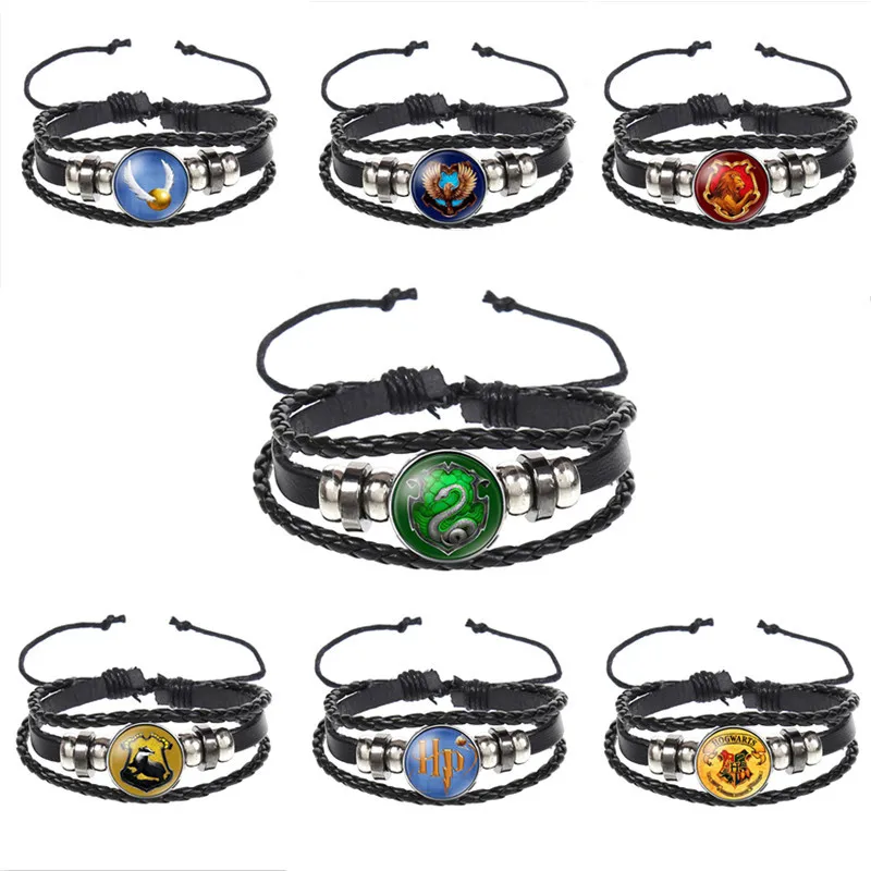 Harri Potter Beaded Leather Bracelets Toys Hogwarts Slytherin Gryffindor Badge Snitch Death Hallows 93/4 Bracelet gifts Toys