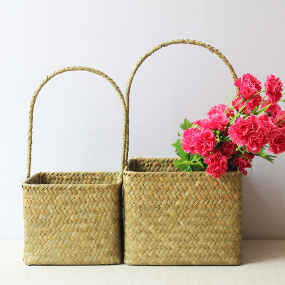 

Natural Seagrass Woven Handle Flower Basket Home Decor Gift Full Moon Style Storage Basket Nordic Inspired Living Room Organizer