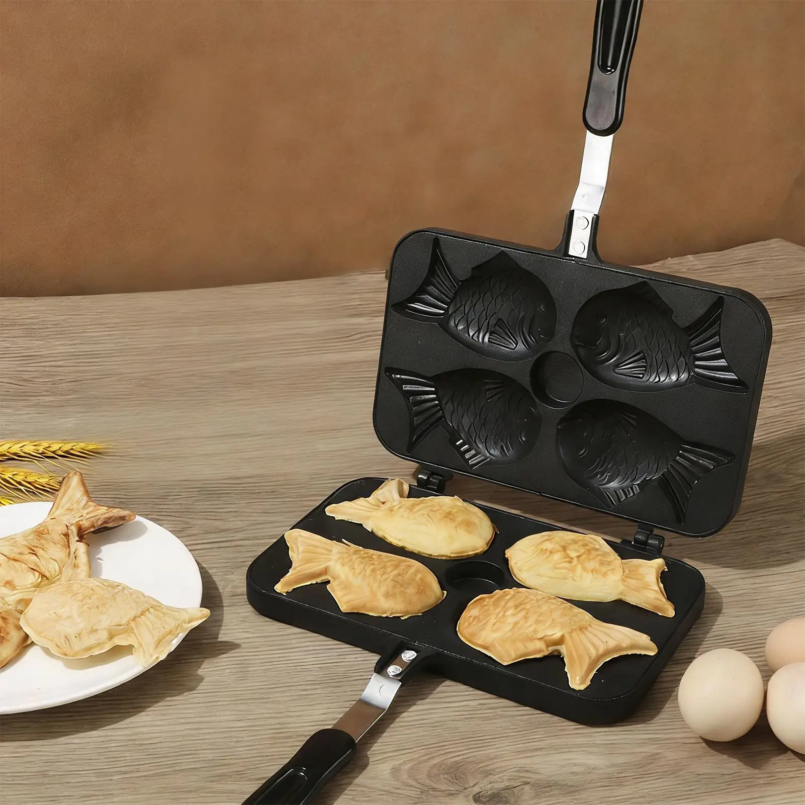 Taiyaki Maker 4 Cavity Fish Shaped Nonstick Double Sided Pancake Pan for Cooking Baking Cake Sandwich Waffle Breakfast Snack
