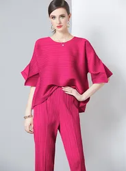 Fashion Women O Neck Miyake Pleated Two Piece Set New Summer Rose Red Flare Sleeve High Elastic Loose T-Shirt + Pencil Pant Suit