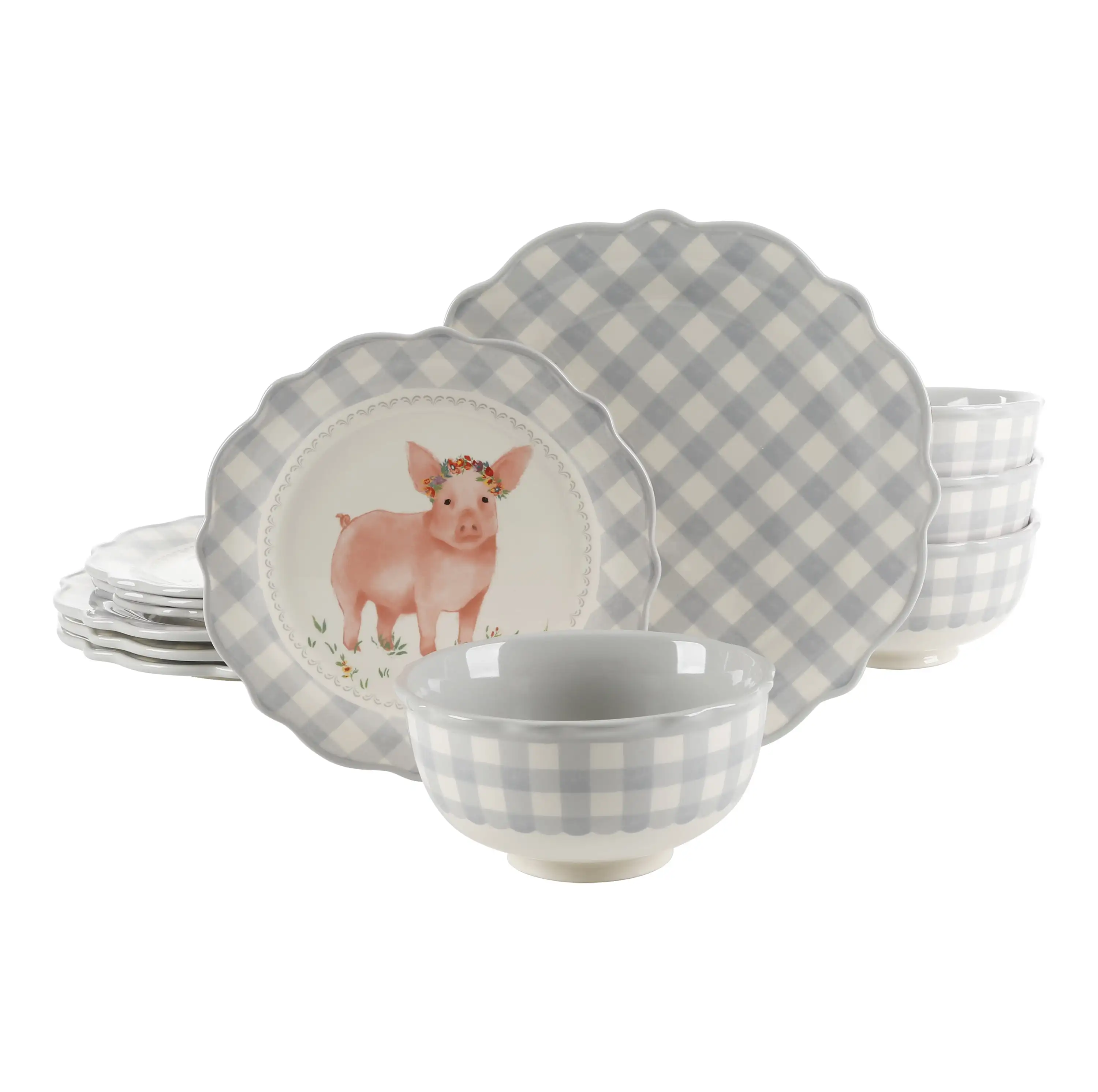 

Gingham Grey 12-Piece Dinnerware Set