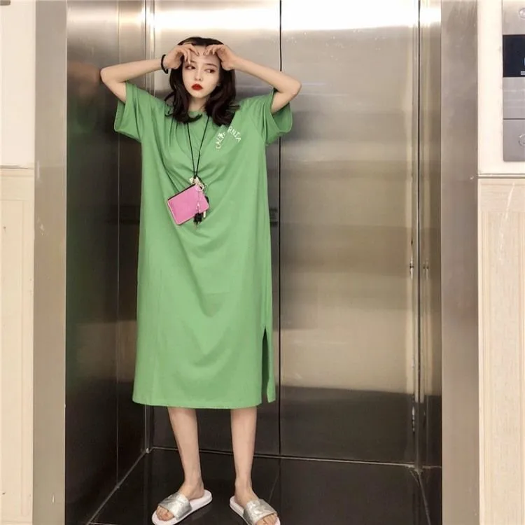 Summer New Korean Style Pure Color Long Sleep Dress Women Short Sleeve Home Clothes Outwear Comfortable Breathable Nightgown