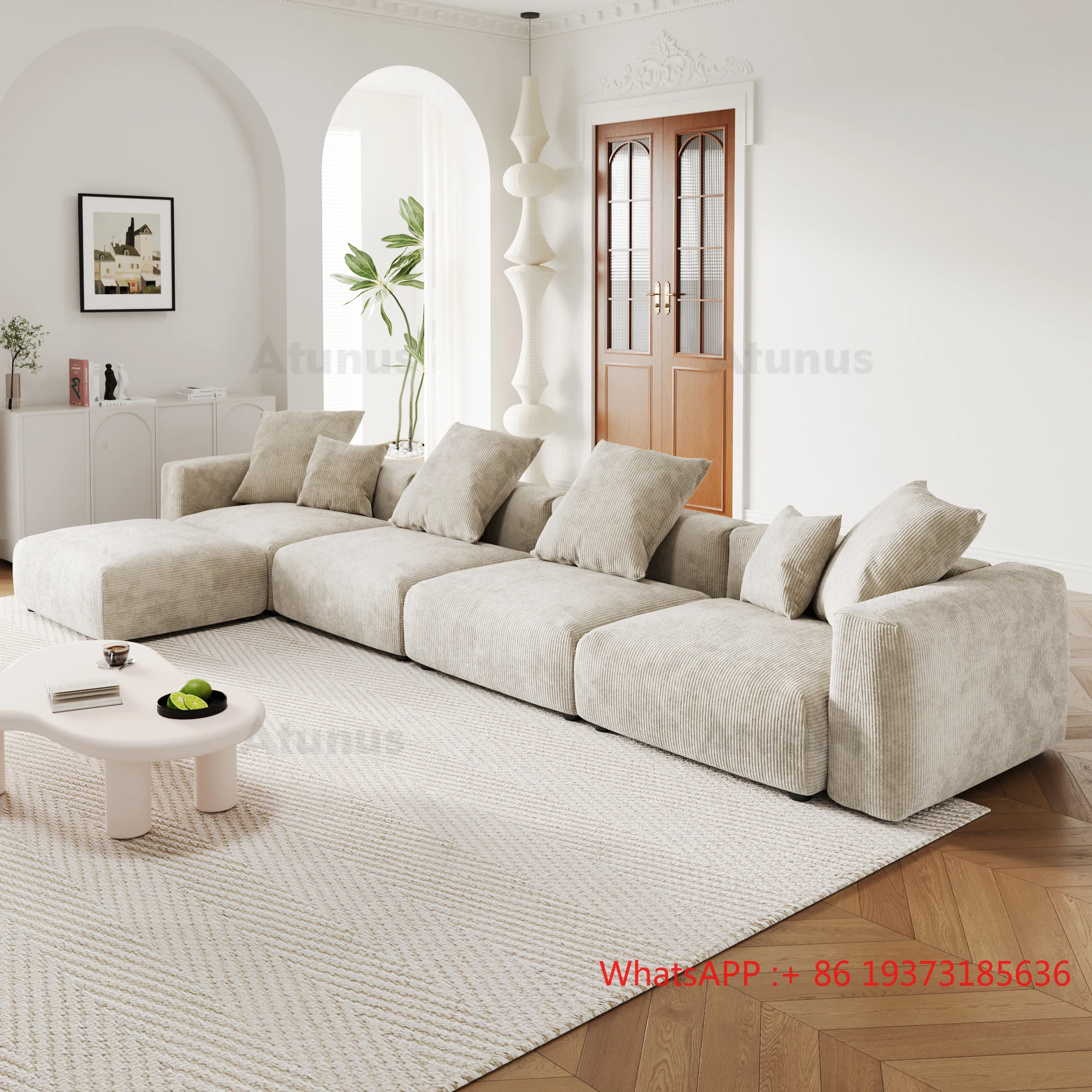 ATUNUS American Big Square Modular Sectional Sofa Couch Set Japanese Mid-Century Large Sofa Corduroy Fabric Sofa Set
