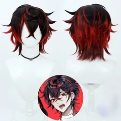 K9 Kuro Kurenai Peruca Cosplay, Preto, Vermelho, Curto, Resistente ao calor, Cabelo sintético, Festa de Halloween, Interpretação de Papéis, Carnaval, Boné, VTuber